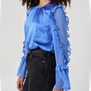 French Connection Blue Ruffle Sleeve Blouse – Medium – NWOT